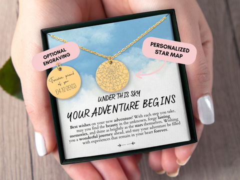 Adventure Gift, Adventure Awaits, Moving Away Gift, Travel Gift, New Beginnings Gift, Personalized Necklace, Custom Star Map By Date