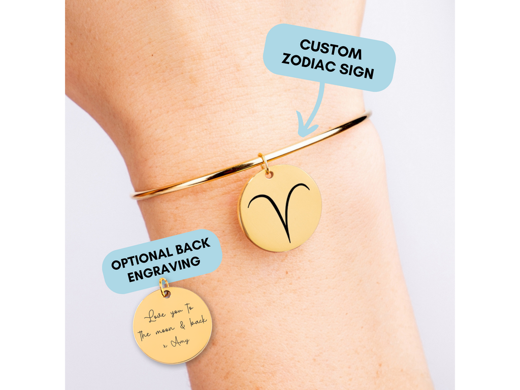 Personalized Zodiac Bangle, Astrology Bracelet, Engraved Zodiac Sign, Zodiac Sign Bracelet Gold Disc, Birthday Gift, Christmas Gift