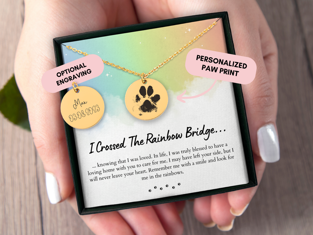 Custom Pet Memorial Necklace, Rainbow Bridge, Engraved Paw Print Necklace, Personalized Pet Memorial Gift, Dog Memorial, Cat Memorial