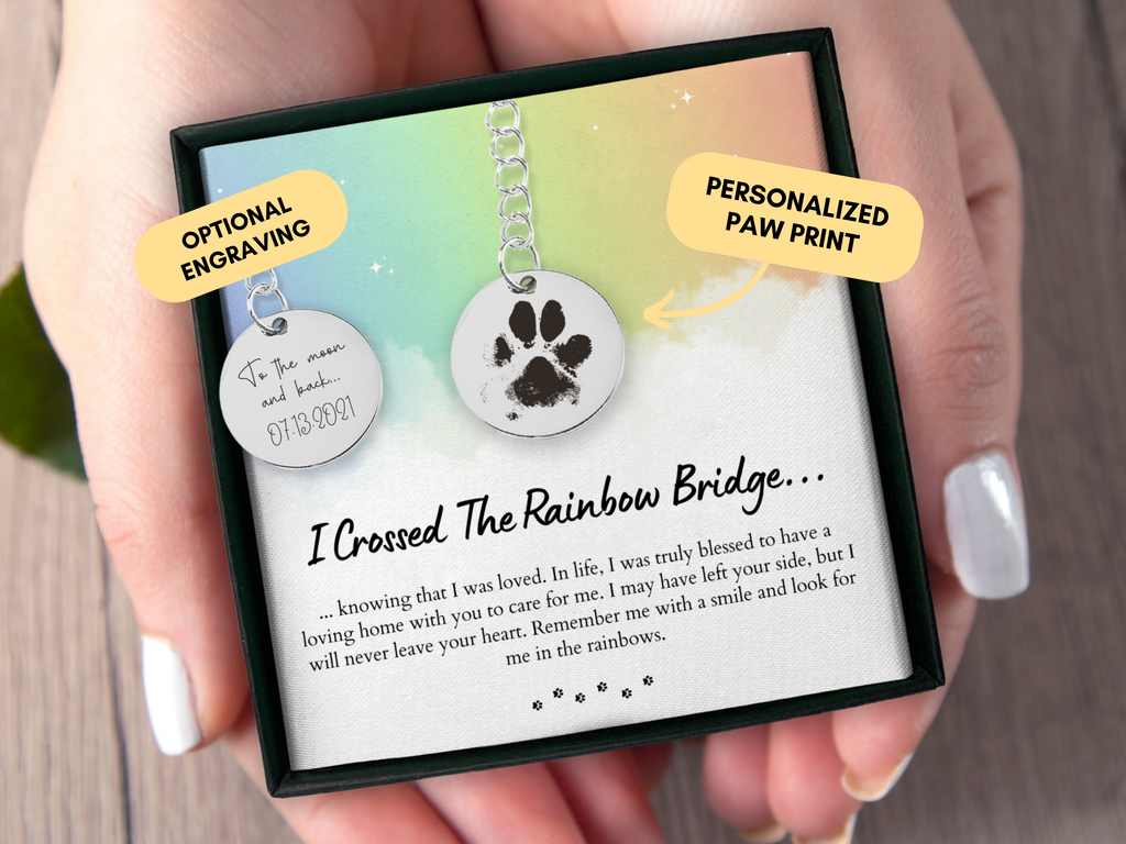 Custom Pet Memorial Keychain, Rainbow Bridge, Engraved Paw Print Keychain, Personalized Pet Memorial Gift, Dog Memorial, Cat Memorial