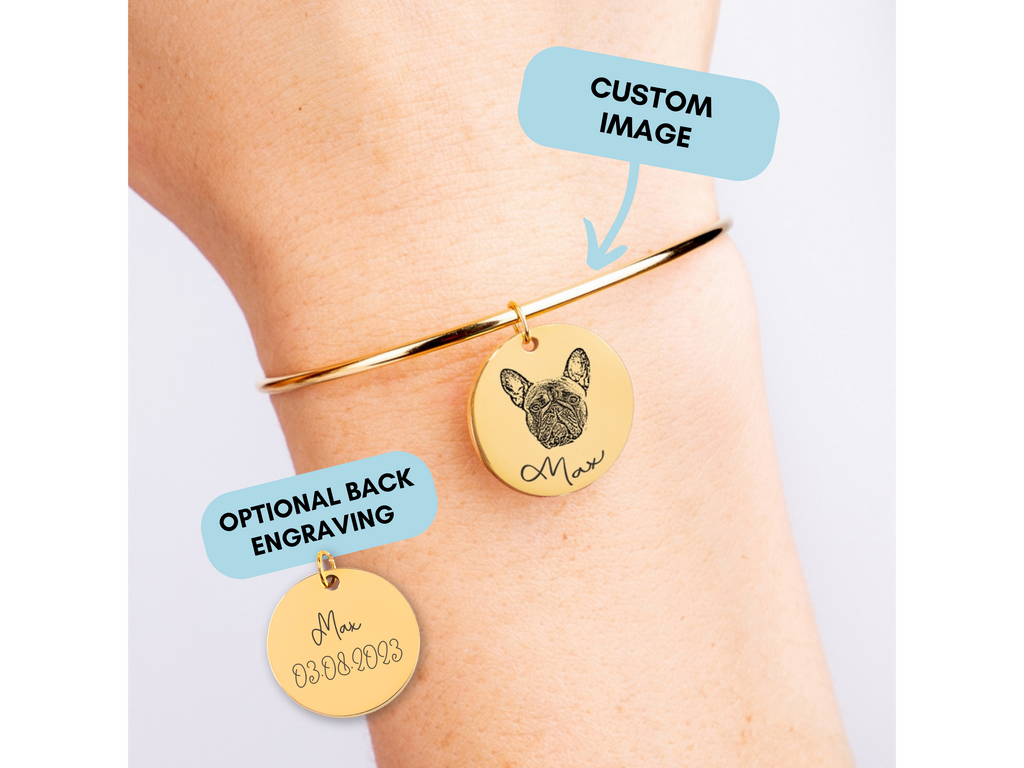 Custom Pet Portrait Bangle, Dog, Cat, Engraved Pet Photo Bracelet, Personalized Pet Memorial Bracelet, Dog Lover Gift, Cat Mom Gift