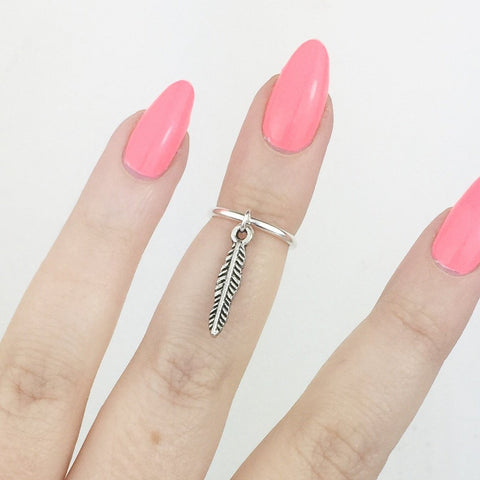 Silver Midi / Above Knuckle Ring with Feather Charm