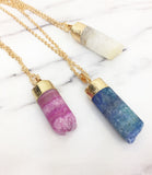 Gold Dipped Druzy Quartz Crystal Cylinder Necklaces [Pink / Blue / White]