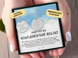 Adventure Gift, Adventure Awaits, Moving Away Gift, Travel Gift, New Beginnings Gift, Personalized Keychain, Custom Star Map By Date