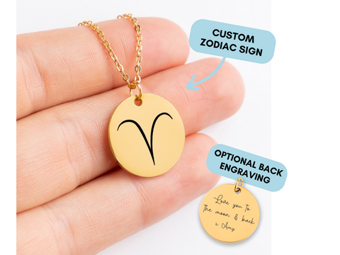 Personalized Zodiac Necklace, Astrology Necklace, Engraved Zodiac Sign, Zodiac Sign Necklace Gold Disc, Birthday Gift, Christmas Gift