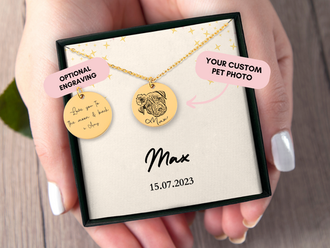 Custom Pet Portrait Necklace, Dog, Cat, Engraved Pet Photo Necklace, Personalized Pet Memorial Necklace, Dog Lover Gift, Cat Mom Gift