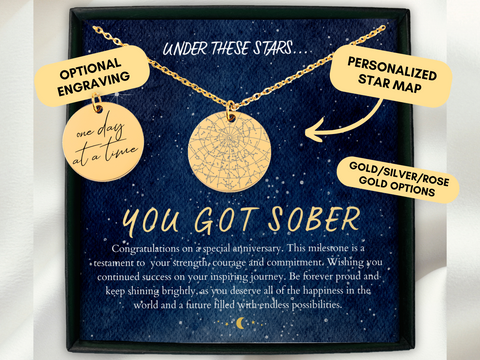 Sobriety Gift, Sobriety Date Necklace, Custom Star Map By Date, Sober Anniversary, Constellation Map, AA, NA, Addiction Recovery, Jewelry