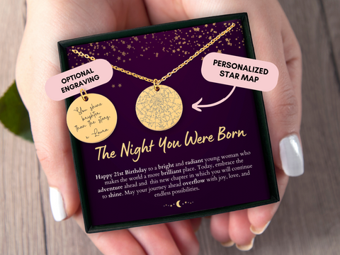 21st Birthday Gift For Her, Custom Star Map By Date, Custom Star Chart, Personalized Necklace, Gift for Daughter, Constellation Map