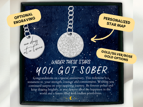 Sobriety Gift, Sobriety Date Keychain, Custom Star Map By Date, Sober Anniversary, Constellation Map, AA, NA, Addiction Recovery, Jewelry