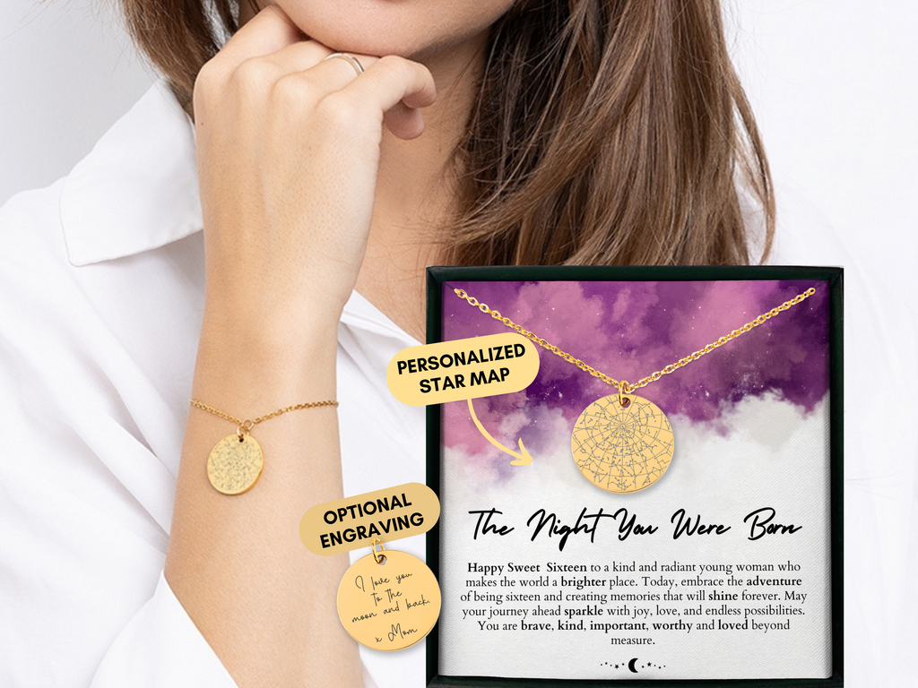 16th Birthday Gift Girl, Custom Star Map By Date, Custom Star Chart, Sweet Sixteen, Personalized Bracelet, Gift for Daughter, Sweet 16 Gift