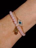 Rose Quartz Bead Bracelet with Hamsa Hand Charm (Gold / Silver Charm)
