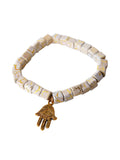 Square Bead Bracelet, Gold Hamsa Hand Charm
