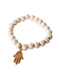 Round Bead Bracelet, Gold Hamsa Hand Charm