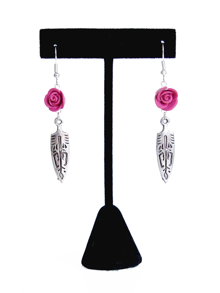 Pink Flower and Silver Aztec Arrowhead Drop Earrings