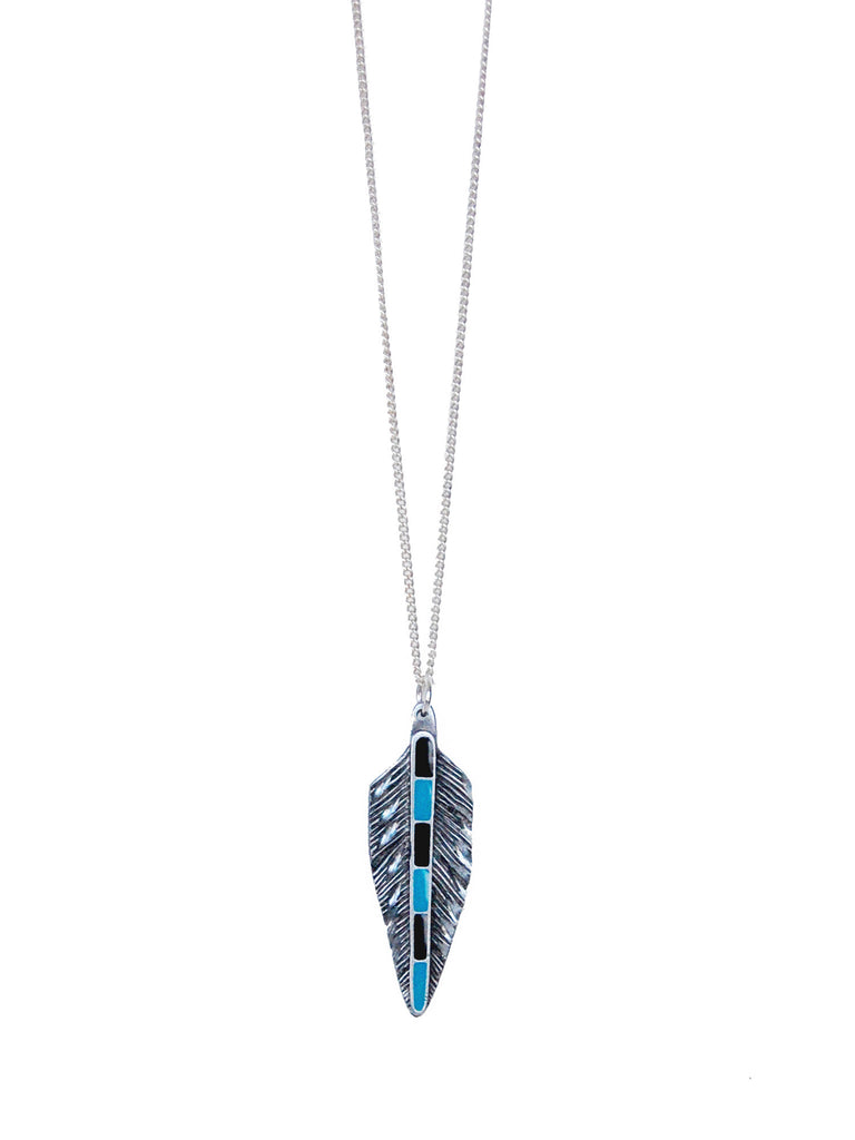 Silver, Turquoise and Black Feather on Silver Chain Necklace