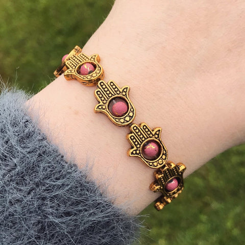 Gold Hamsa and Pink Bead Stretch Bracelet