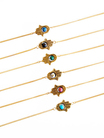 Gold Sideways Hamsa with Accent Bead Necklace (Blue/Pink/Black/Turquoise/Green/White)