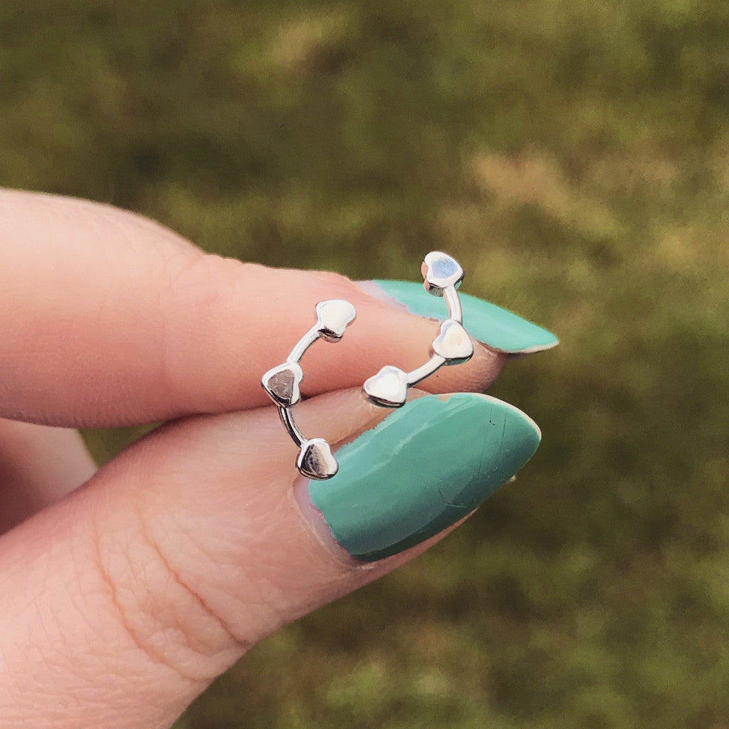 Heart Ear Climber Studs in Sterling Silver Black Tied